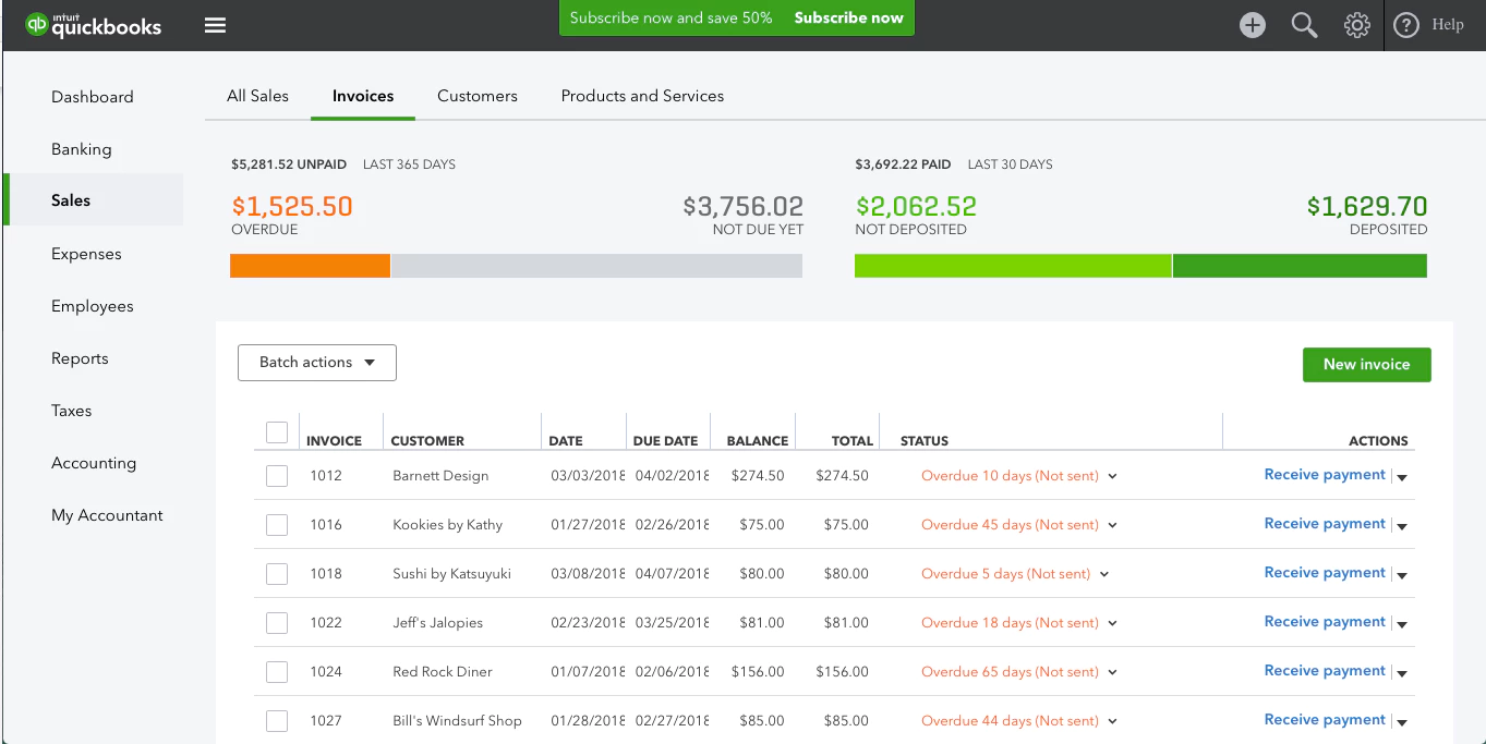 QuickBooks dashboard